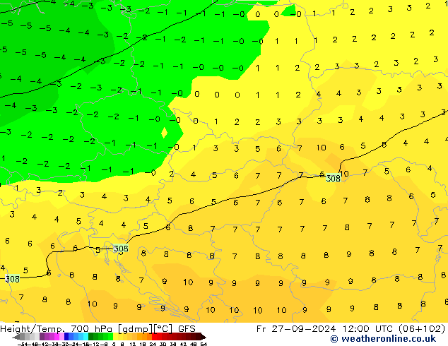 Height/Temp. 700 hPa GFS Fr 27.09.2024 12 UTC