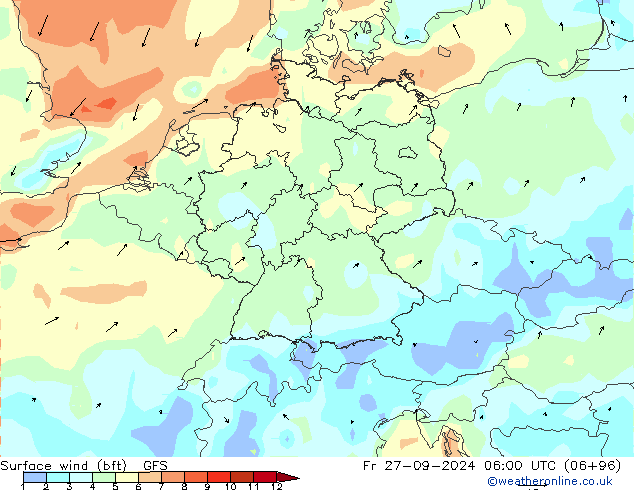 Surface wind (bft) GFS Pá 27.09.2024 06 UTC