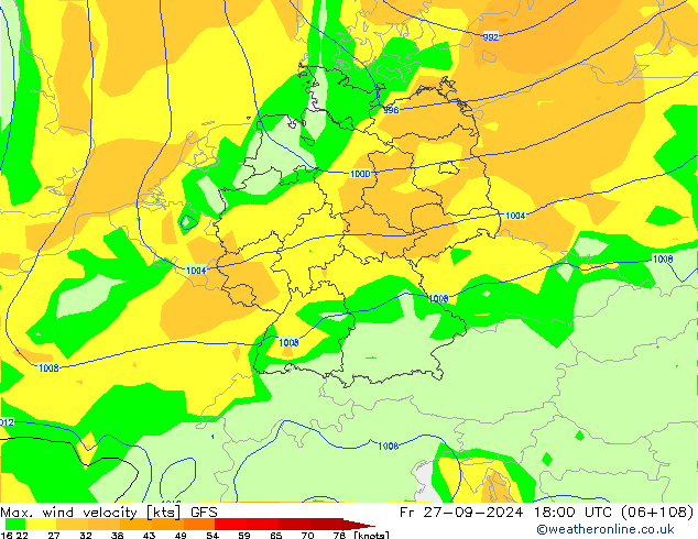 Max. wind velocity GFS пт 27.09.2024 18 UTC