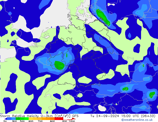 Storm Relative Helicity GFS Sa 24.09.2024 15 UTC