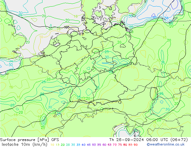 Isotachs (kph) GFS jeu 26.09.2024 06 UTC