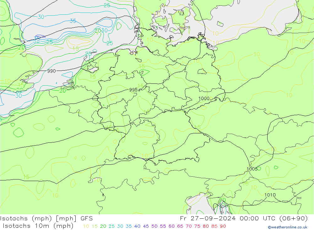 Isotachs (mph) GFS ven 27.09.2024 00 UTC