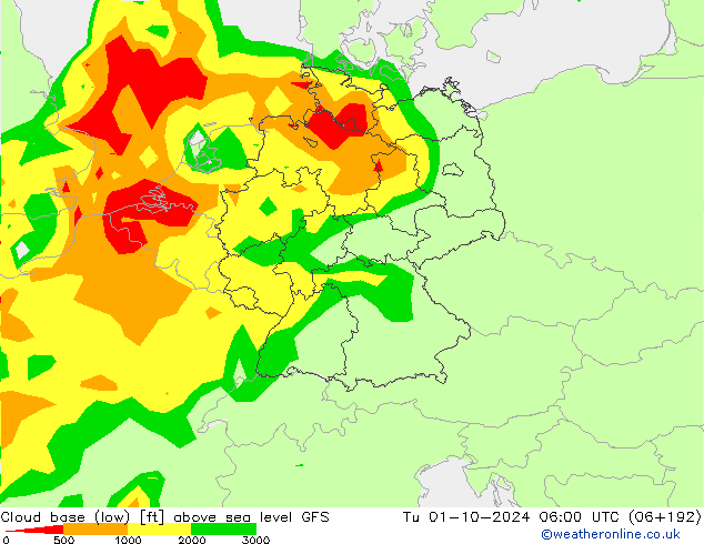 Cloud base (low) GFS wto. 01.10.2024 06 UTC