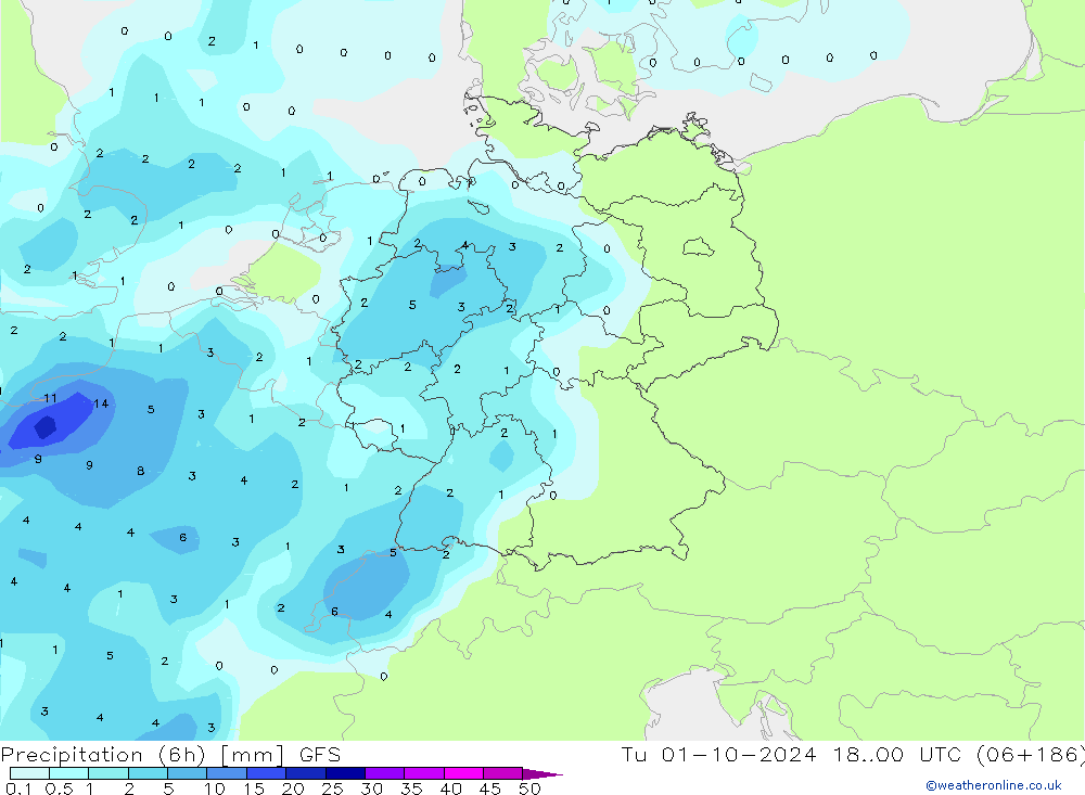 Precipitação (6h) GFS Ter 01.10.2024 00 UTC