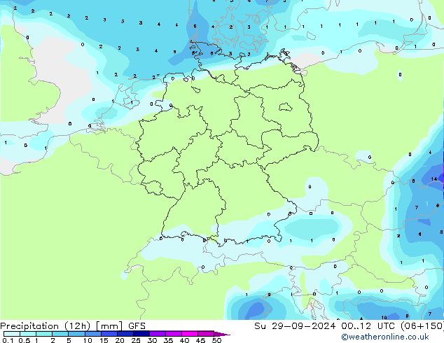 Totale neerslag (12h) GFS zo 29.09.2024 12 UTC