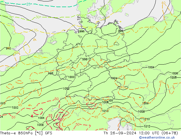 Theta-e 850hPa GFS Čt 26.09.2024 12 UTC