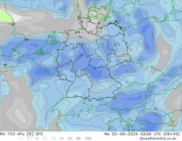 Humidité rel. 700 hPa GFS mer 25.09.2024 03 UTC