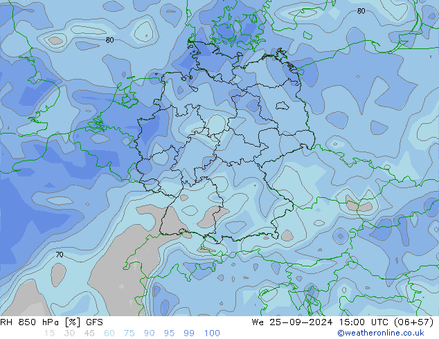 RH 850 hPa GFS śro. 25.09.2024 15 UTC