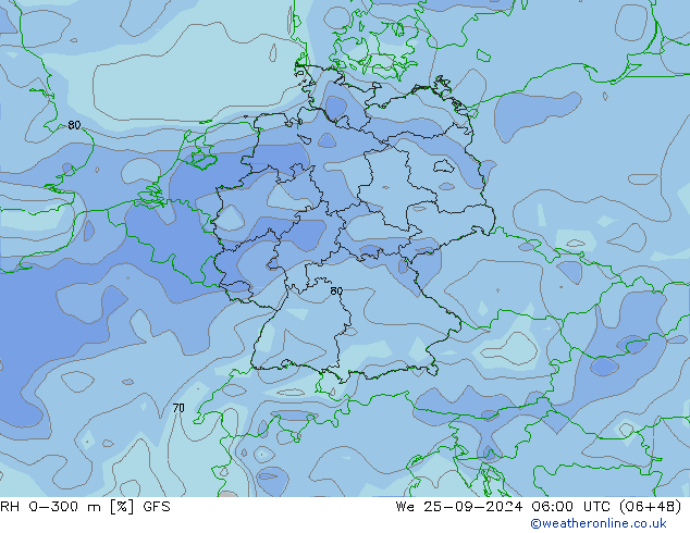 Humidité rel. 0-300 m GFS mer 25.09.2024 06 UTC