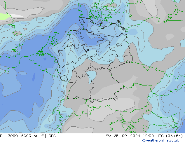 RH 3000-6000 m GFS ср 25.09.2024 12 UTC