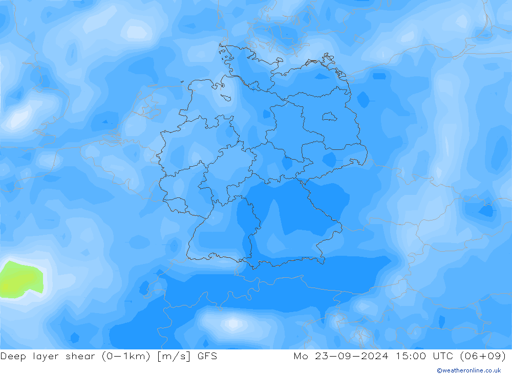 Deep layer shear (0-1km) GFS Po 23.09.2024 15 UTC