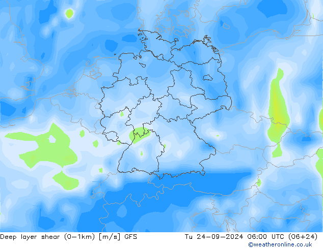 Deep layer shear (0-1km) GFS  24.09.2024 06 UTC