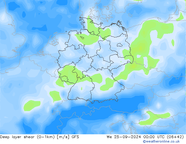 Deep layer shear (0-1km) GFS mer 25.09.2024 00 UTC