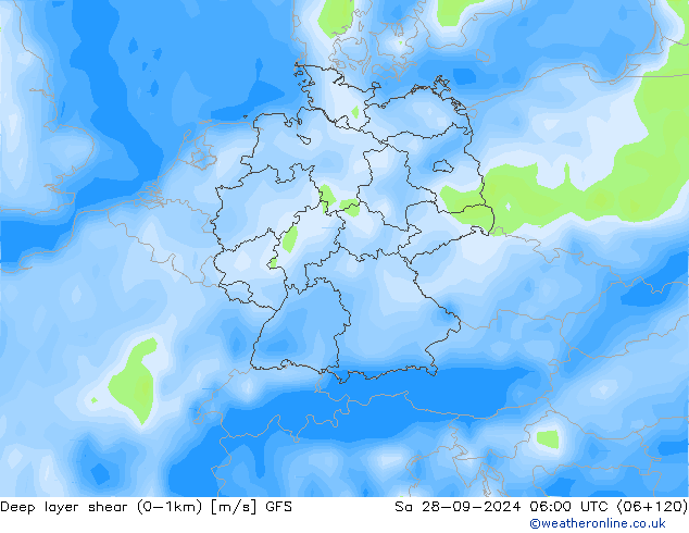 Deep layer shear (0-1km) GFS sam 28.09.2024 06 UTC