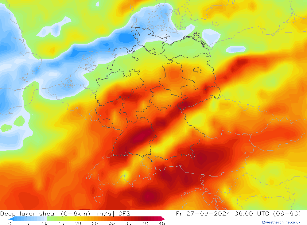 Deep layer shear (0-6km) GFS Sex 27.09.2024 06 UTC