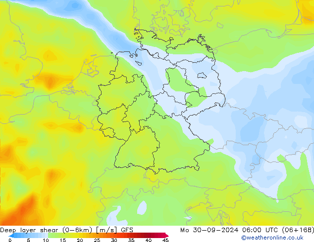 Deep layer shear (0-6km) GFS lun 30.09.2024 06 UTC