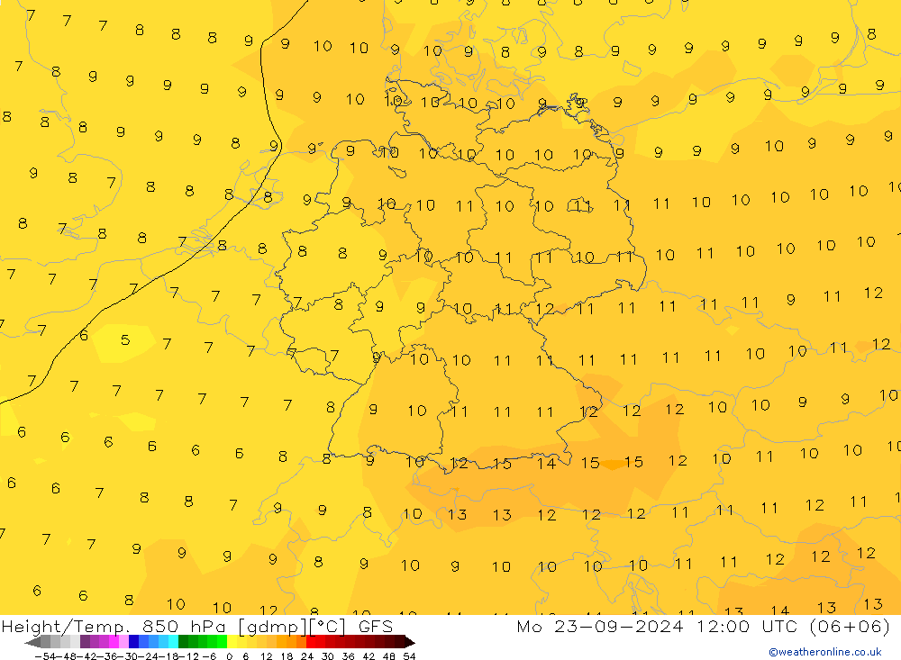 Height/Temp. 850 hPa GFS  23.09.2024 12 UTC