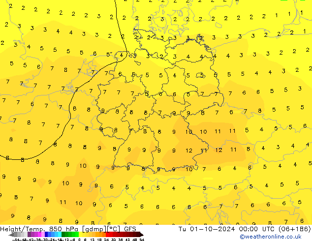 Yükseklik/Sıc. 850 hPa GFS Sa 01.10.2024 00 UTC