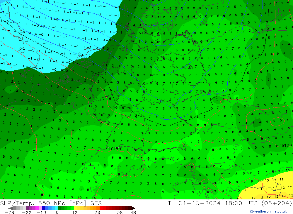 SLP/Temp. 850 hPa GFS Tu 01.10.2024 18 UTC