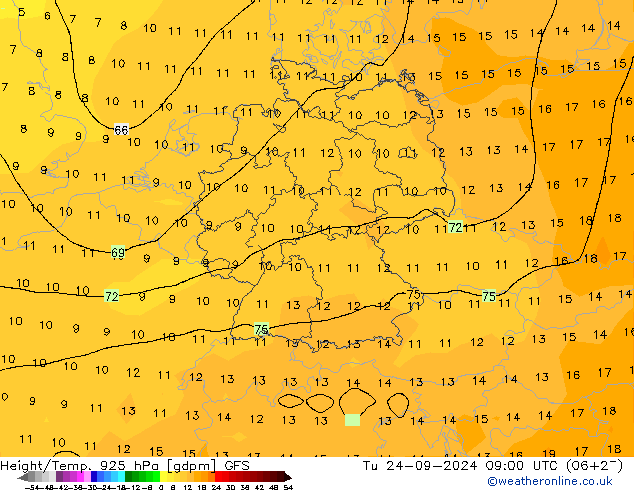 Height/Temp. 925 hPa GFS Tu 24.09.2024 09 UTC