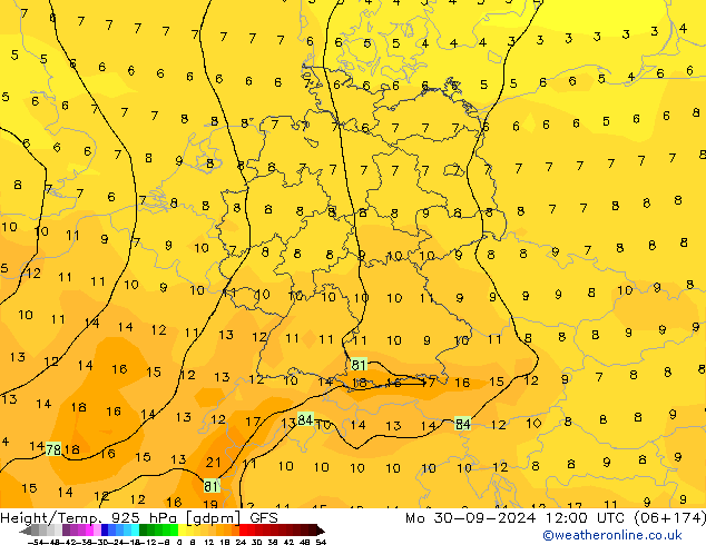 Height/Temp. 925 hPa GFS Seg 30.09.2024 12 UTC