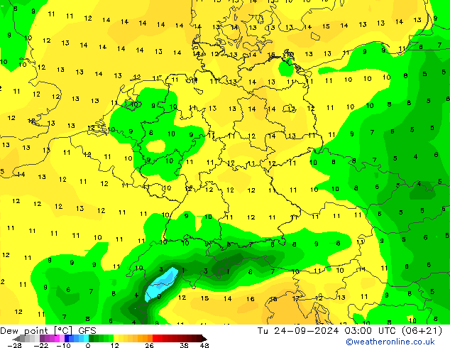 Ponto de orvalho GFS Ter 24.09.2024 03 UTC