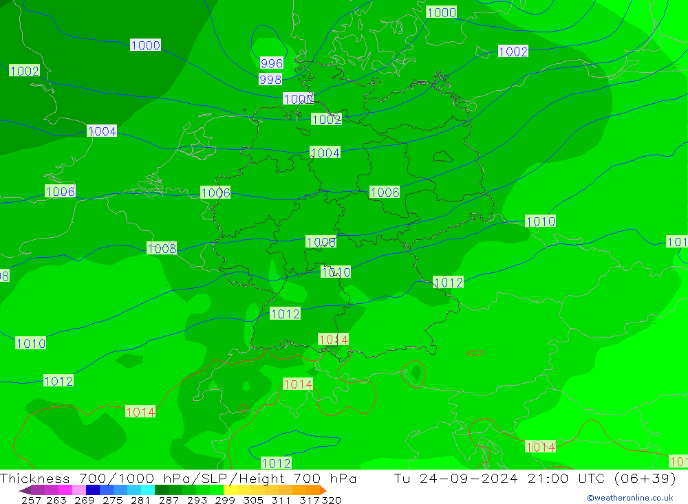 Thck 700-1000 hPa GFS Ter 24.09.2024 21 UTC