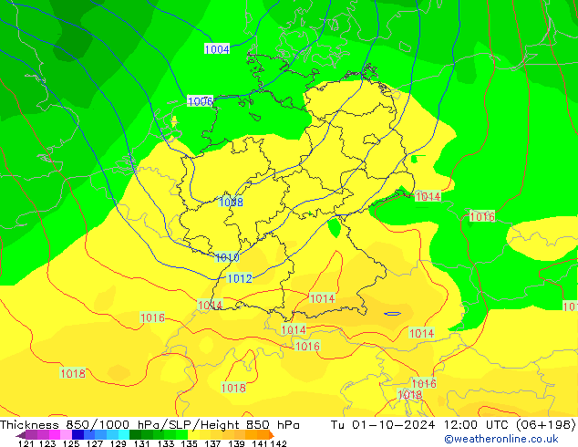 Thck 850-1000 hPa GFS Tu 01.10.2024 12 UTC