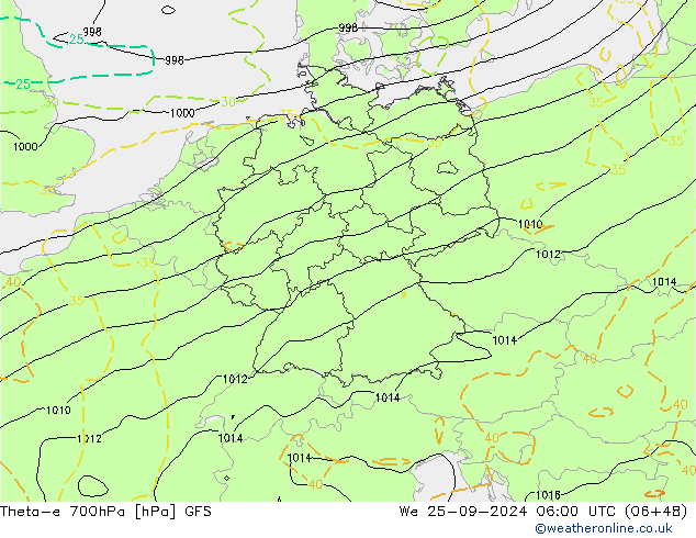 Theta-e 700hPa GFS śro. 25.09.2024 06 UTC