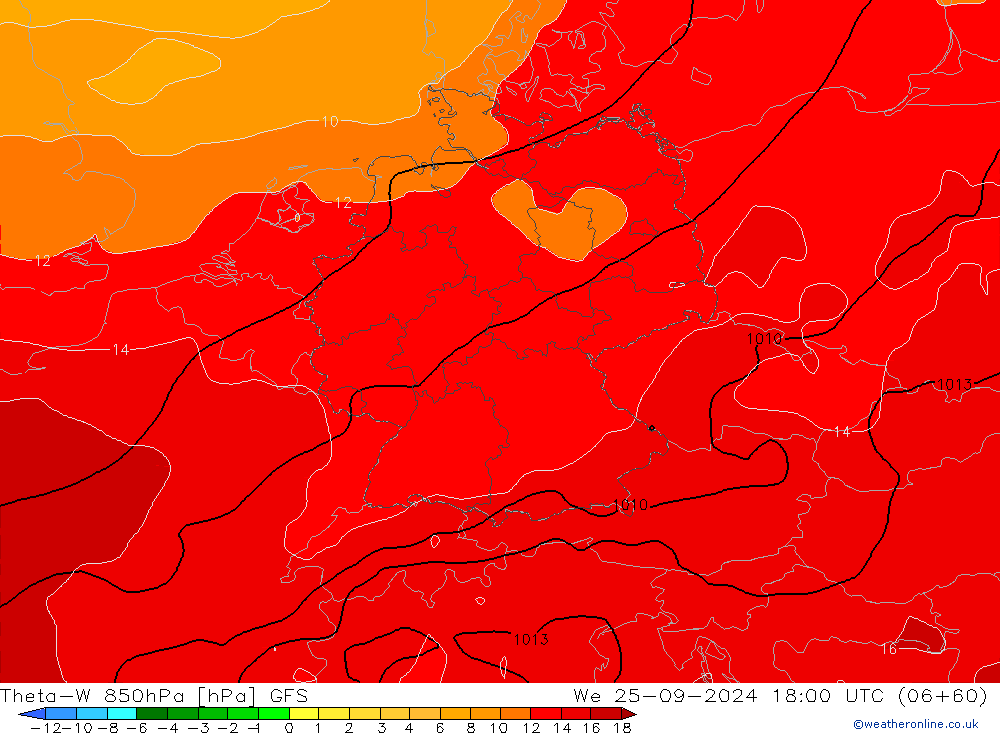 Theta-W 850hPa GFS śro. 25.09.2024 18 UTC