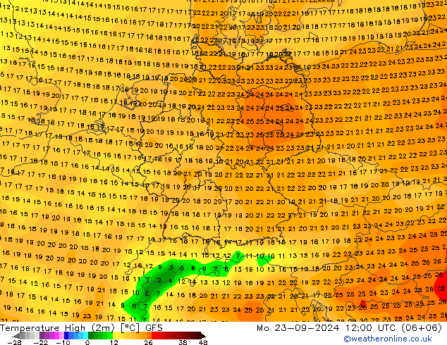 température 2m max GFS lun 23.09.2024 12 UTC