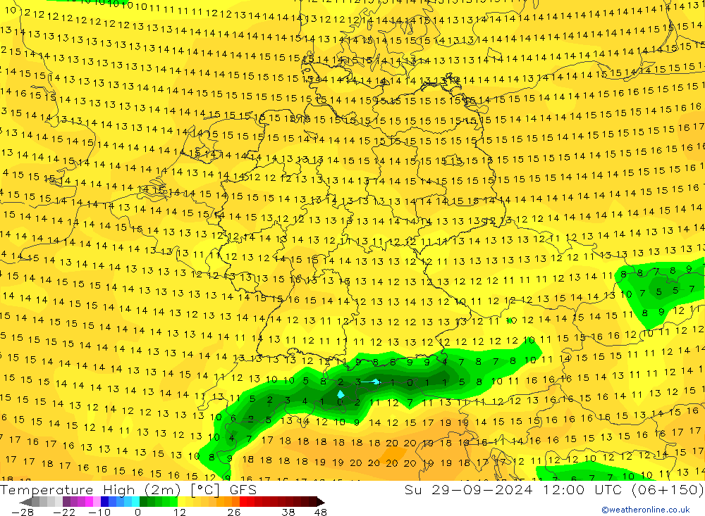 Temperature High (2m) GFS Su 29.09.2024 12 UTC