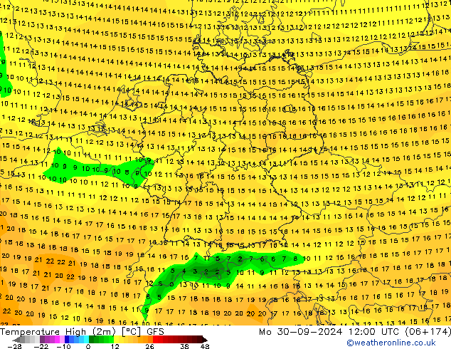 Temperature High (2m) GFS Mo 30.09.2024 12 UTC