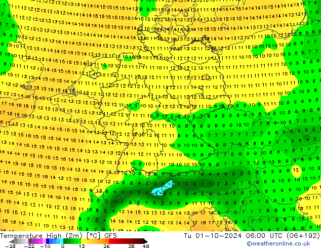 Max. Temperatura (2m) GFS wto. 01.10.2024 06 UTC