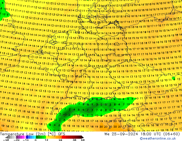 Temperatura mín. (2m) GFS mié 25.09.2024 18 UTC