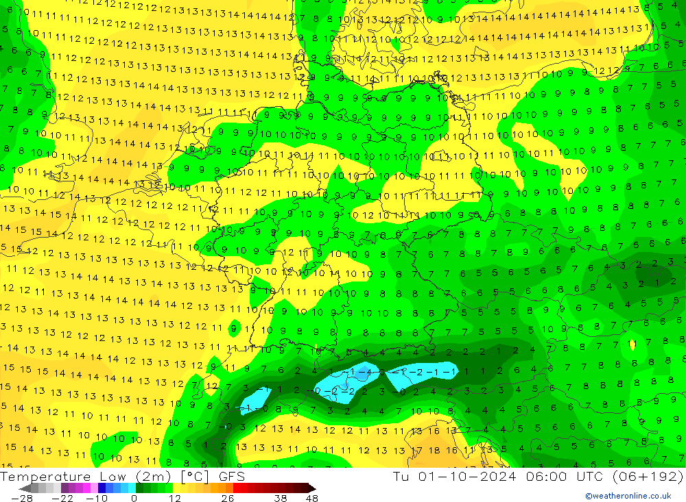 Temperatura mín. (2m) GFS mar 01.10.2024 06 UTC