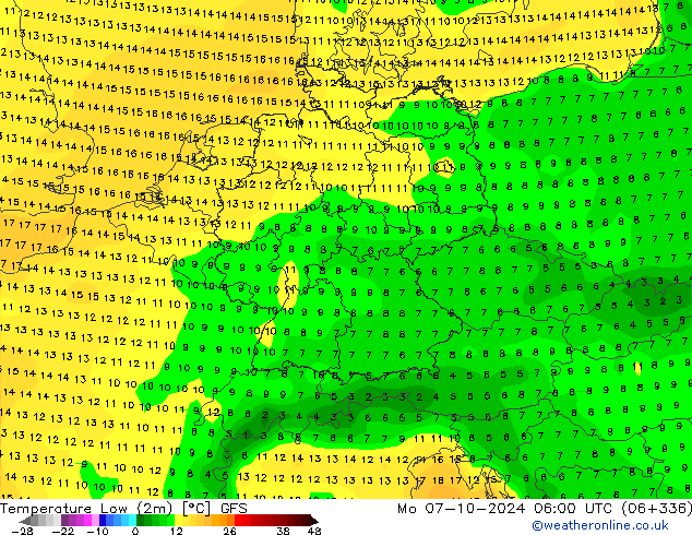 Temperature Low (2m) GFS Mo 07.10.2024 06 UTC