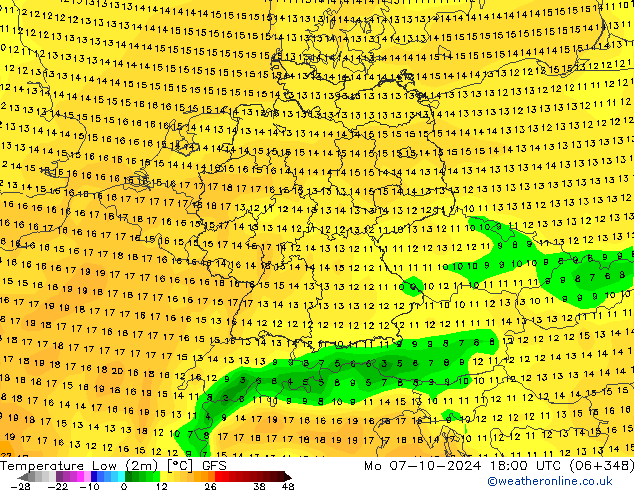 Min.temperatuur (2m) GFS ma 07.10.2024 18 UTC