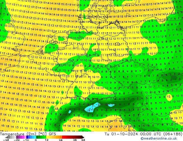 Temperatuurkaart (2m) GFS di 01.10.2024 00 UTC