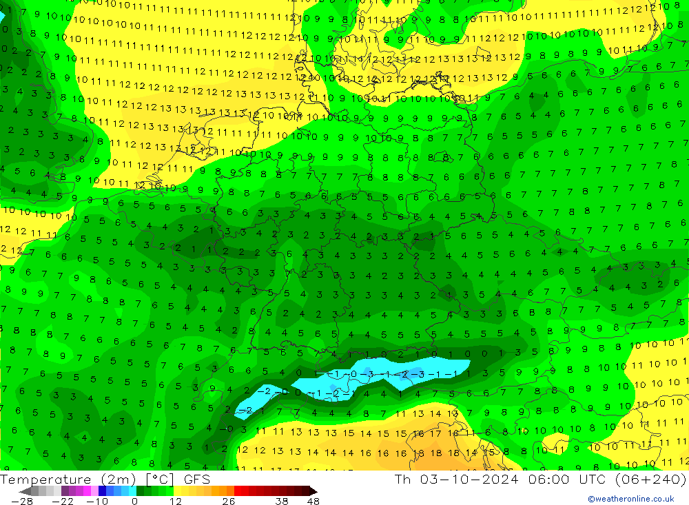 Temperature (2m) GFS Th 03.10.2024 06 UTC