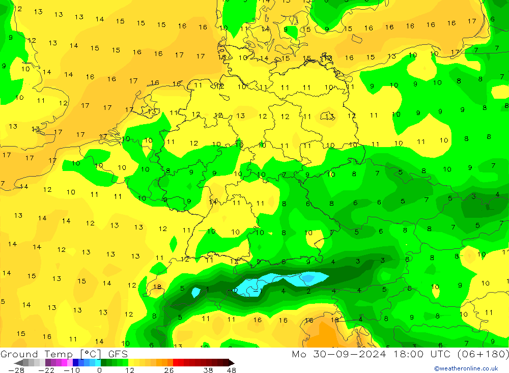 Temperatura del suelo GFS lun 30.09.2024 18 UTC