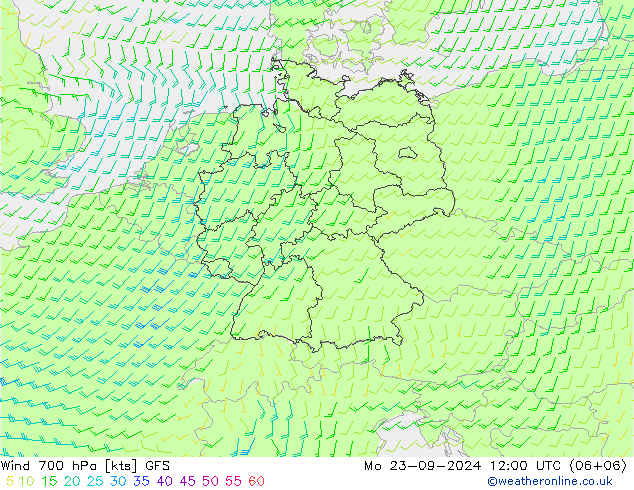 Wind 700 hPa GFS Mo 23.09.2024 12 UTC