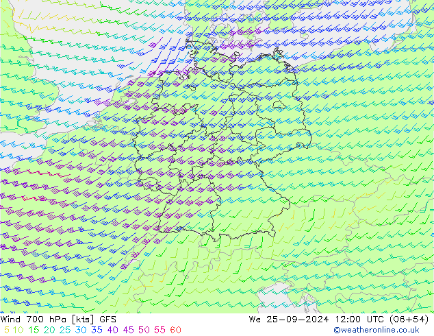 Wind 700 hPa GFS We 25.09.2024 12 UTC