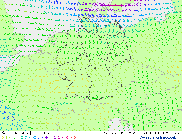 wiatr 700 hPa GFS nie. 29.09.2024 18 UTC