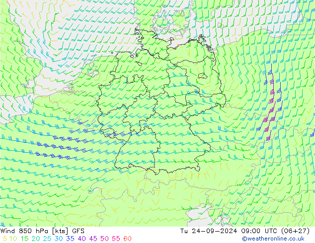 ветер 850 гПа GFS вт 24.09.2024 09 UTC