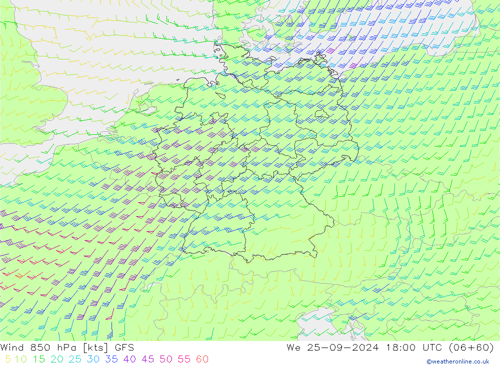 Wind 850 hPa GFS wo 25.09.2024 18 UTC