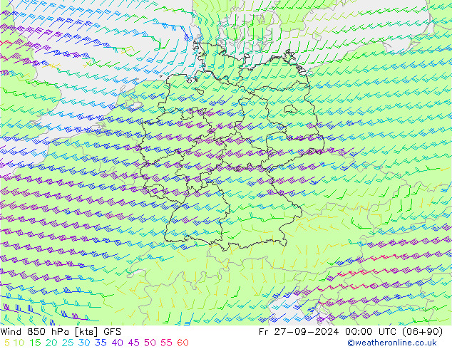 Vent 850 hPa GFS ven 27.09.2024 00 UTC