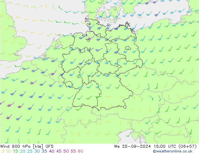 wiatr 900 hPa GFS śro. 25.09.2024 15 UTC