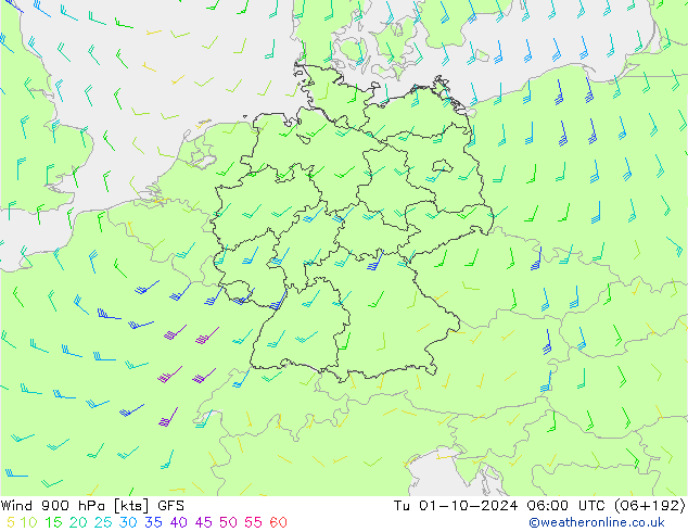 wiatr 900 hPa GFS wto. 01.10.2024 06 UTC