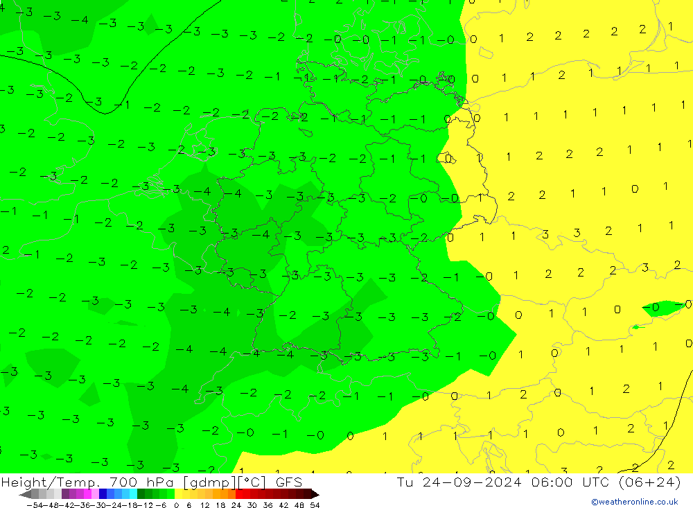 Height/Temp. 700 hPa GFS wto. 24.09.2024 06 UTC